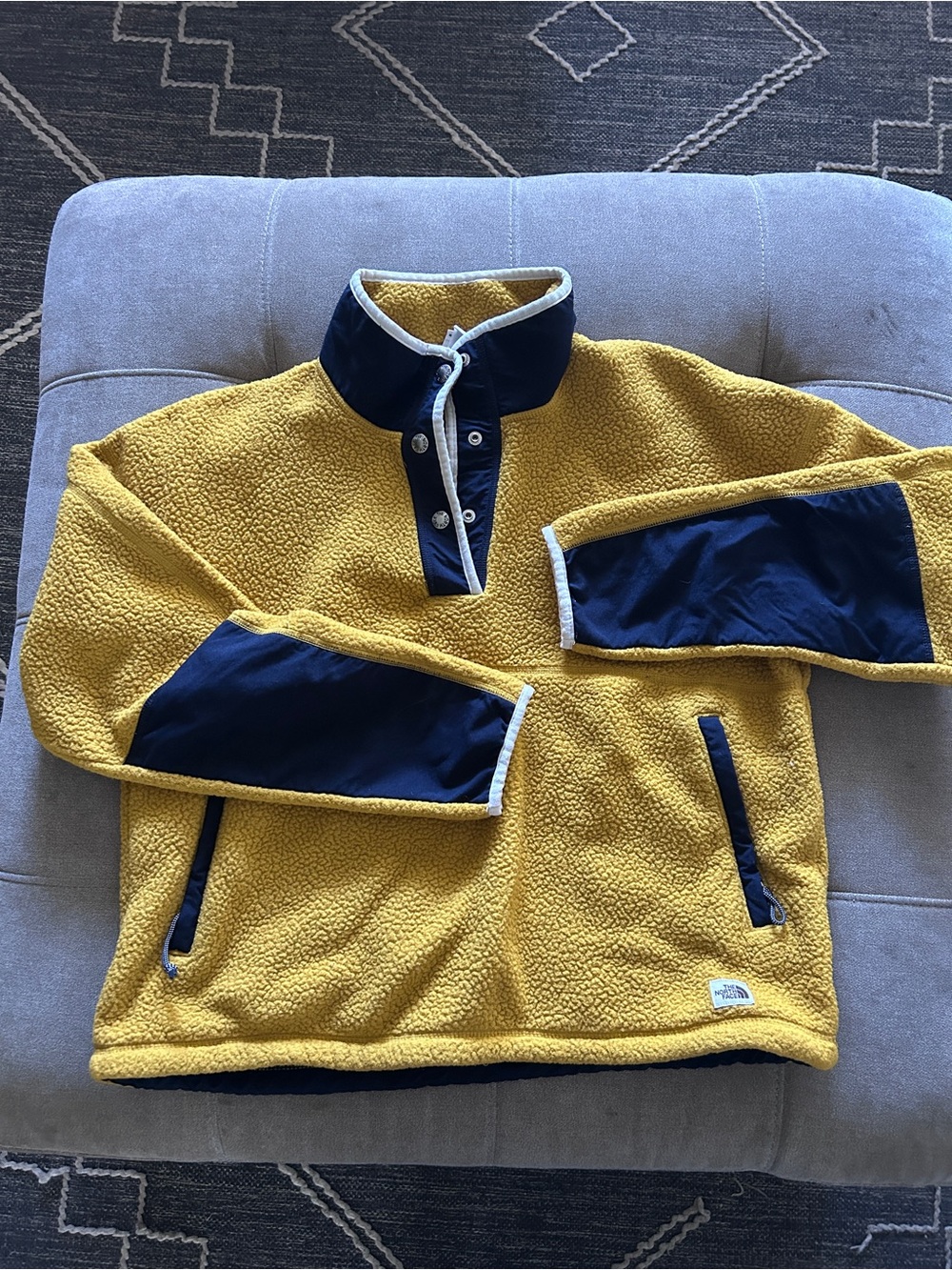 The North Face womenβs Yellow Sherpa Zip Pullover with Navy Panels